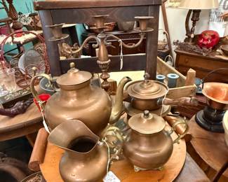 old metal pitchers, the pot, candleabra