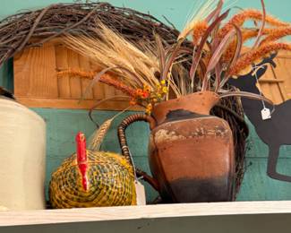 old pitcher, rooster, deer art