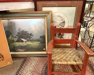 child's chair, art, pottery bowl, rug