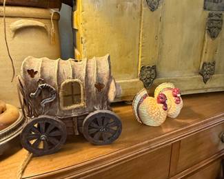 old wagon and turkey figurines
