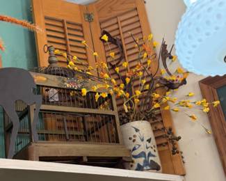 pottery, old bird cage, wooden shutter
