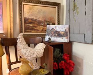 Rooster statue, end tables (solid wood), framed art, florals.