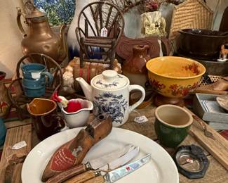 knives, tea port, bowls, pottery, old copper pitcher
