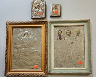 Russian Greek Orthodox "Three Holy Hierarchs" & Greek Orthodox ByzantineIcon "Saint George Slaying the Dragon.  (Top two are 925 silver)