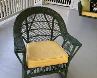 2 wicker porch chairs and swing with great cushions