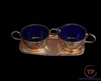 Sugar and Cream Set with Cobalt Blue Glass Inserts