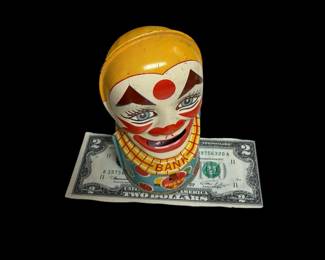 J CHEIN Tin Lithograph Mechanical Clown Bank