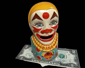 J CHEIN Tin Lithograph Mechanical Clown Bank