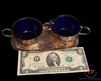 Sugar and Cream Set with Cobalt Blue Glass Inserts