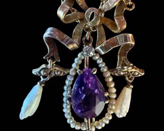 10K GOLD Art Nouveau Necklace with Amethyst, Diamond, and Pearls