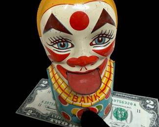J CHEIN Tin Lithograph Mechanical Clown Bank