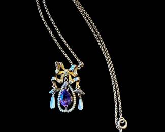 10K GOLD Art Nouveau Necklace with Amethyst, Diamond, and Pearls