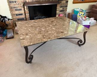 Large marble and wrought iron coffee table 
