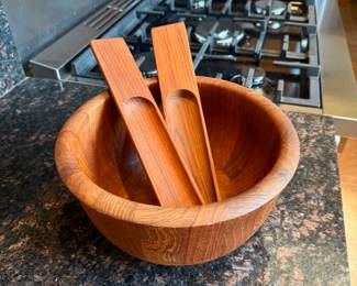Mid century style teak salad bowl and utensils, by Dansk