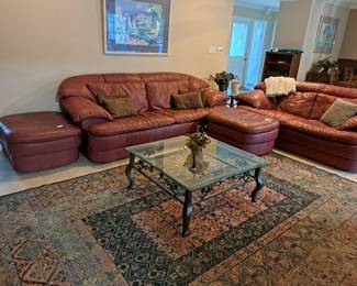 LEATHER SOFA, LOVESEAT, OTTOMANS, COFFEE AND END TABLES, AREA RUG