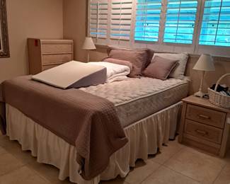 QUEEN BED AND LINENS, NIGHT STAND