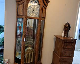 GRANDFATHER CLOCK WITH GLASS SHELVES, JEWELRY CHEST