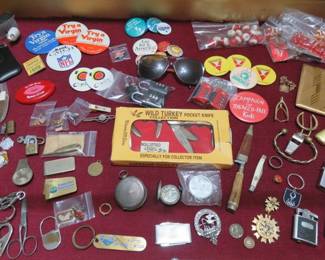 Vintage Men's Ray-Ban Sunglasses, Wild Turkey Pocket Knife, Buttons, Pocket Watch, Lapel Pins, Keychains, Las Vegas Casino Dice