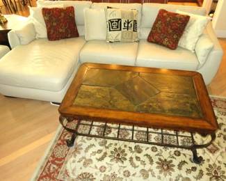 L Shaped Cream Leather Sofa with Ottoman, Made in Italy, Wood Framed Slate Wrought Iron Coffee Table