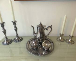 Silver Plate 4 Piece Tea Set/Candlesticks