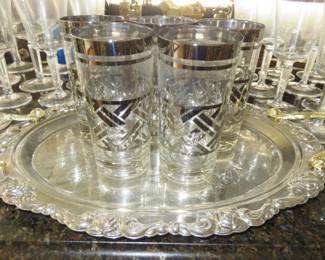 Mid Century Silver Cross Hatch Basket Weave Pattern Glassware