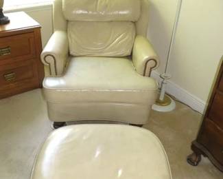 Cream Leather Armchair & Ottoman by Leathercraft Inc. Conover, NC, Vintage Toleware Floor Lamp