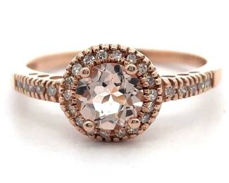 NEW! Round Morganite & Pavé Natural Diamond Halo Ring in 14k Rose Gold