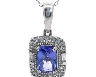 Rectangular Tanzanite & Natural Diamond Drop Pendant Necklace