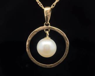 NEW! White Pearl Hammered Halo Pendant Necklace in 14k Yellow Gold
