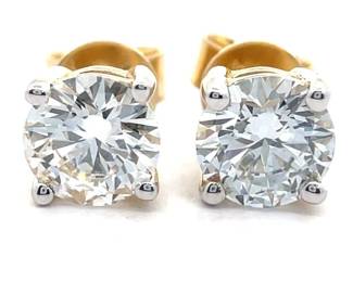 2 Carat Diamond Solitaire Round Classic Stud Earrings in 14k Yellow Gold