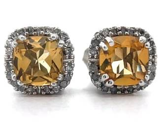 NEW! Cushion Citrine & Natural Diamond Halo Cluster Stud Earrings in White Gold