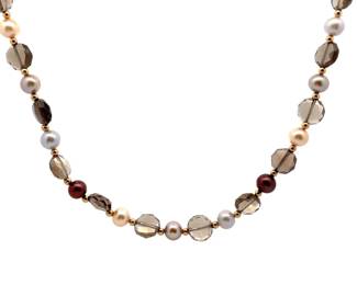 NEW! Freshwater Pearl & Smoky Quartz, 14k Gold Bead Necklace
