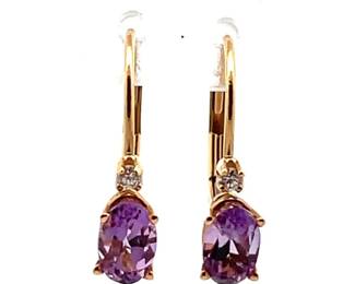 Oval Amethyst & Diamond Two-Stone Lever Back Earrings in 14k Yellow Gold