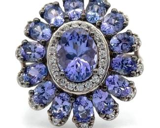 NEW! Tanzanite & Natural Diamond Halo Flower Cluster Ring