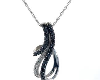 Pavé Natural White & Fancy Black Diamond Love Knot Ribbon Pendant Necklace in White Gold
