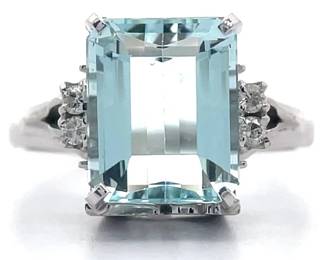 3.77 Carat Aquamarine & Natural Diamond Art Deco Ring in Platinum