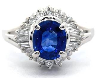 1.45 Carat Blue Sapphire & Natural Diamond Ballerina Cocktail Estate Ring in Platinum