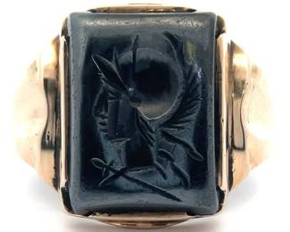 Men's Carved Hematite Intaglio Gladiator Ring in Yellow Gold