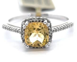 NEW! Cushion Citrine & Natural Diamond Halo Ring in White Gold