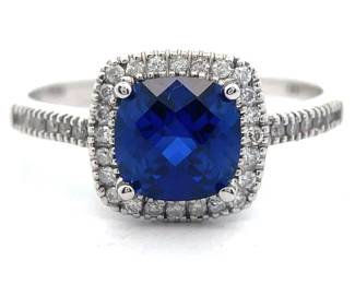 NEW! Natural Sapphire & Diamond Halo Ring in 14k White Gold