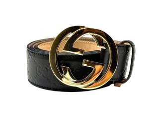 Gucci Black Guccissima Leather Belt with Gold GG Buckle Size 80/32