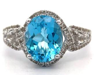 3.23 Carat Oval Cut Blue Topaz & White Topaz Pavé Art Deco Ring