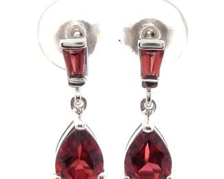 NEW! Red Garnet Mixed-Cut Two-Stone Drop Earrings in 14k White Gold
