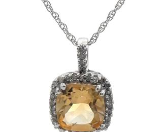 NEW! Cushion Citrine & Natural Diamond Halo Pendant Necklace in White Gold