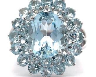 7.99 Carat Oval Blue Topaz Double Halo Flower Cluster Ring