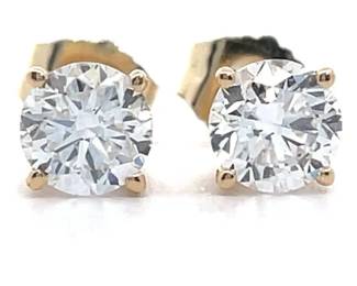 Classic 1 Carat Diamond Round Solitaire Stud Earrings in 14k Yellow Gold