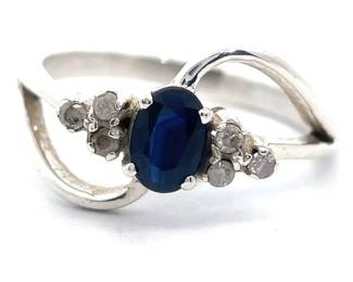 Oval Blue Sapphire & Natural Diamond Orbital Split Ring