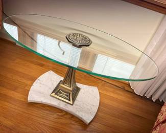 145 Hollywood Regency Marble Glass Pedestal End Table X2min