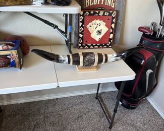 Bull Horn Wall Mount, Poker Wall Hangings and Nike Golf Bag and Clubs