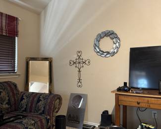 Floor mirror and metal wall art